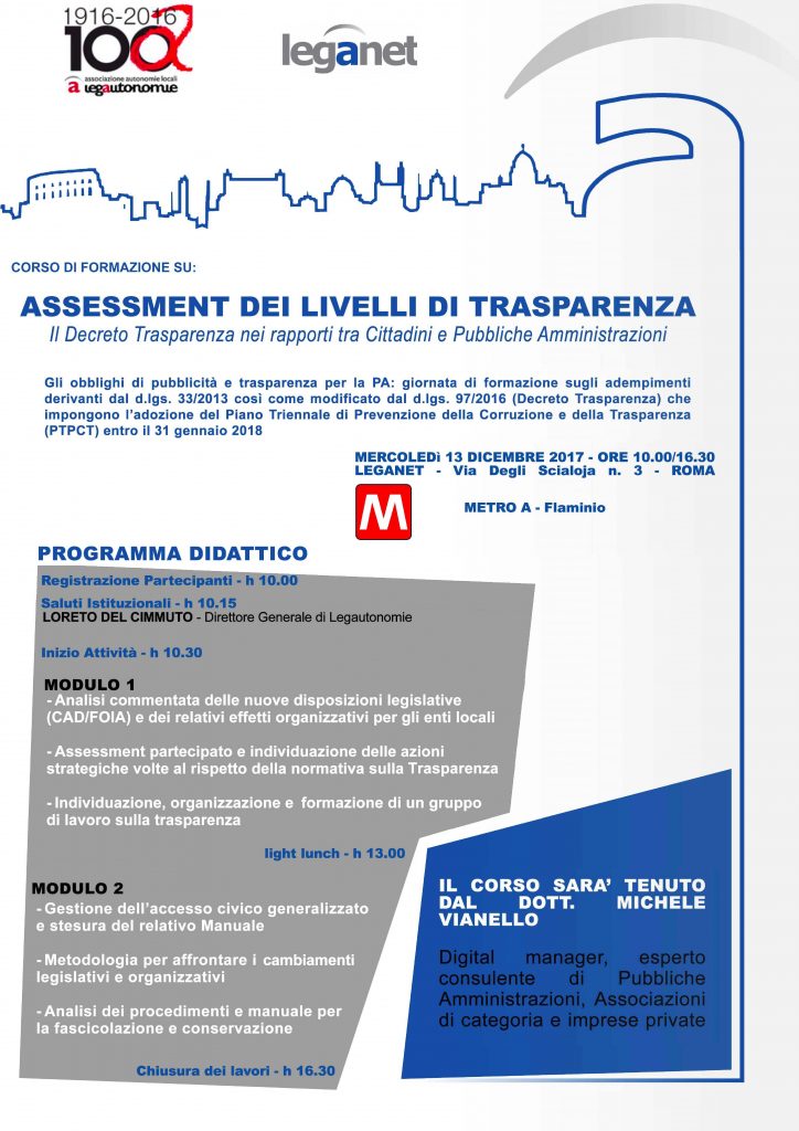 Programma corso trasparenza Lega Autonomia Locali